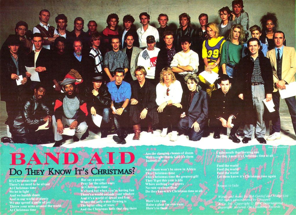A photograph showing all of the performers who took part in the original Band Aid charity fundraising for famine relief in Ethiopia.