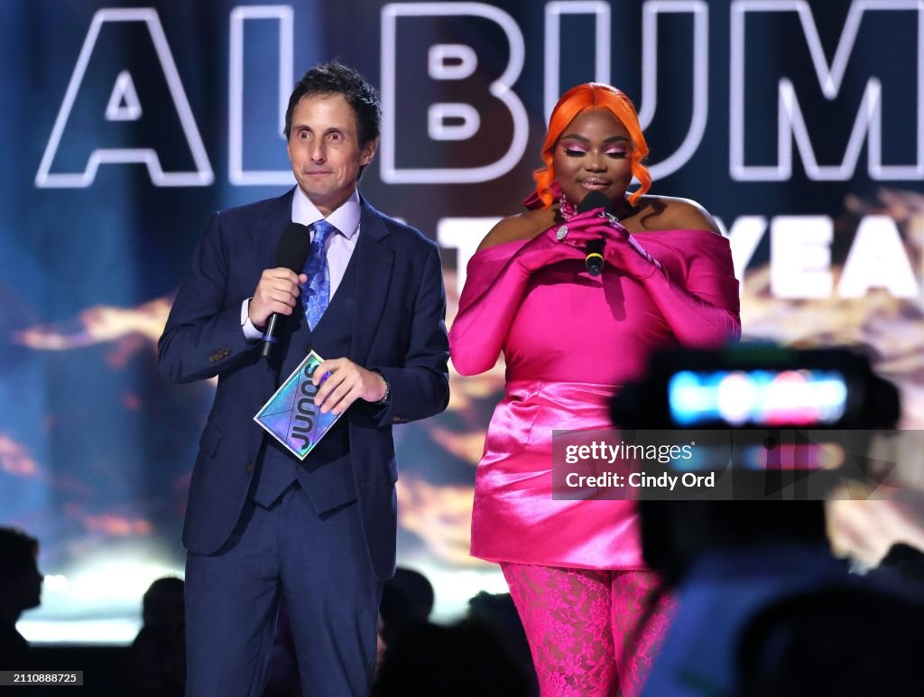  (L-R) Jonny Harris and Lu Kala speak onstage during the 2024 JUNO Awards (Photo by Cindy Ord/Getty Images).
